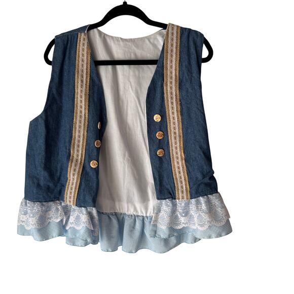 Vintage Cottagecore Denim Vest Floral Buttons Lace Trim Ruffle Hem Large Western - Picture 1 of 6